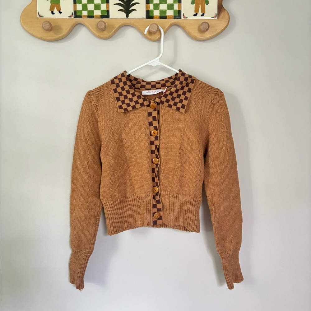 Lisa Says Gah - Tan and Brown Checkerboard Knit Cardigan - XS/S